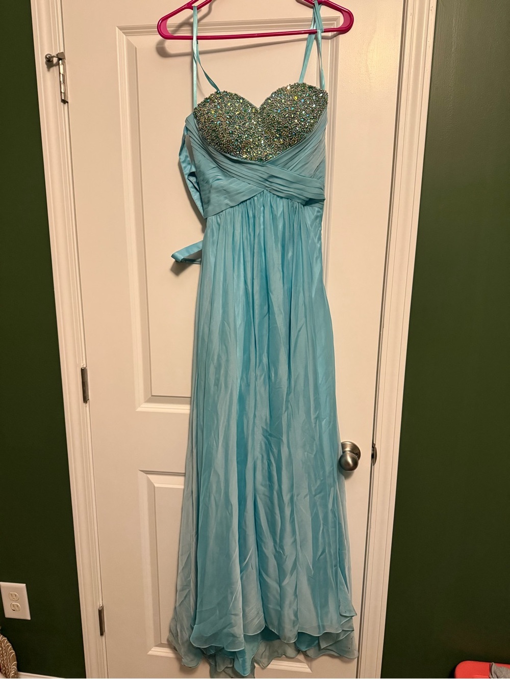 Sparkling Aqua Beaded Bodice Evening Dress